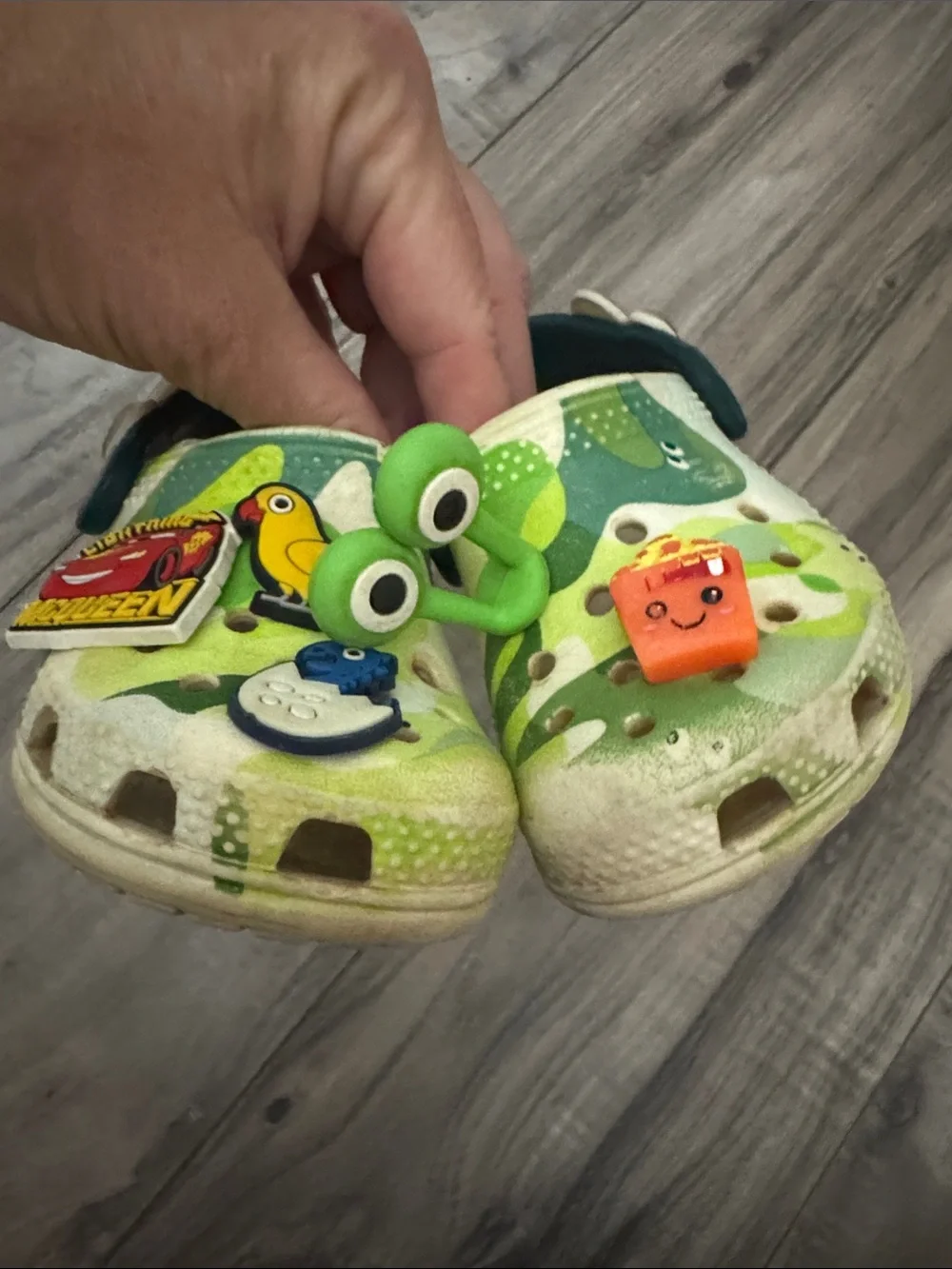 CROCS Kids Green Camo Slip-On Clogs with Character Jibbitz 6